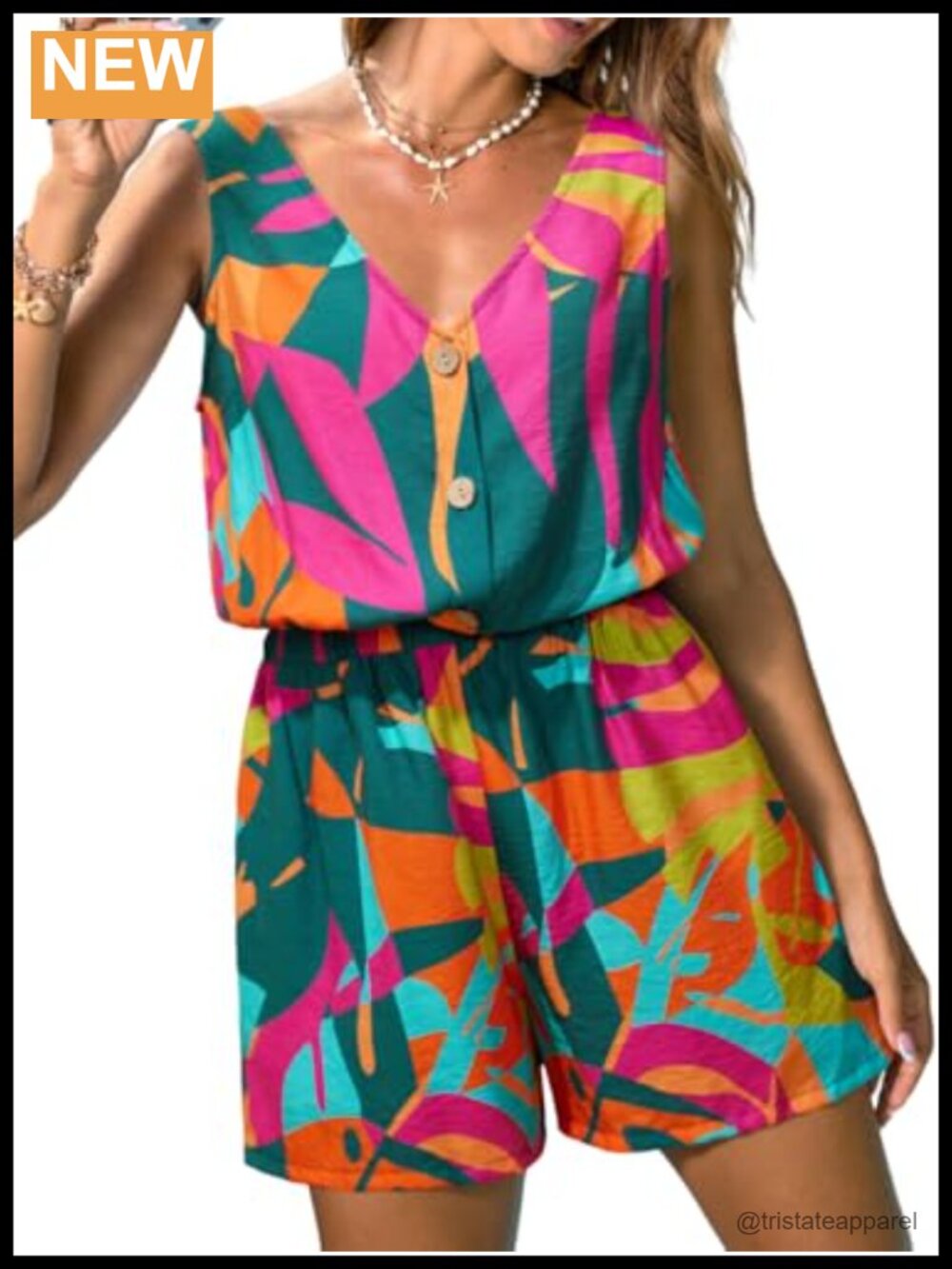 Women Summer Romper V Neck Button Front Smocked Waist Wide Leg Beach